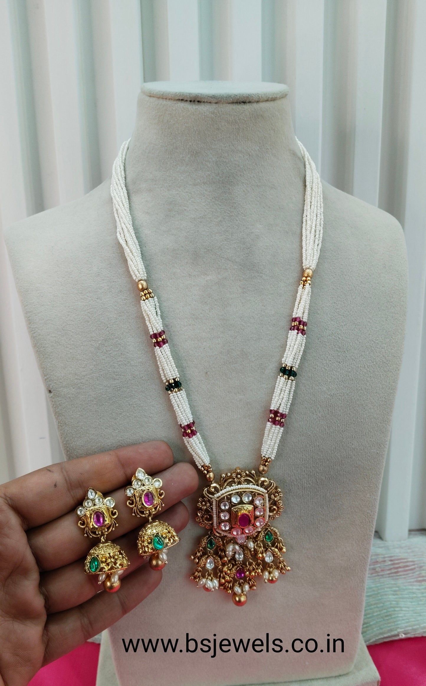 Ruby Green Gold Polki Long Rani Haar Jhumka Necklace Jewellery Set