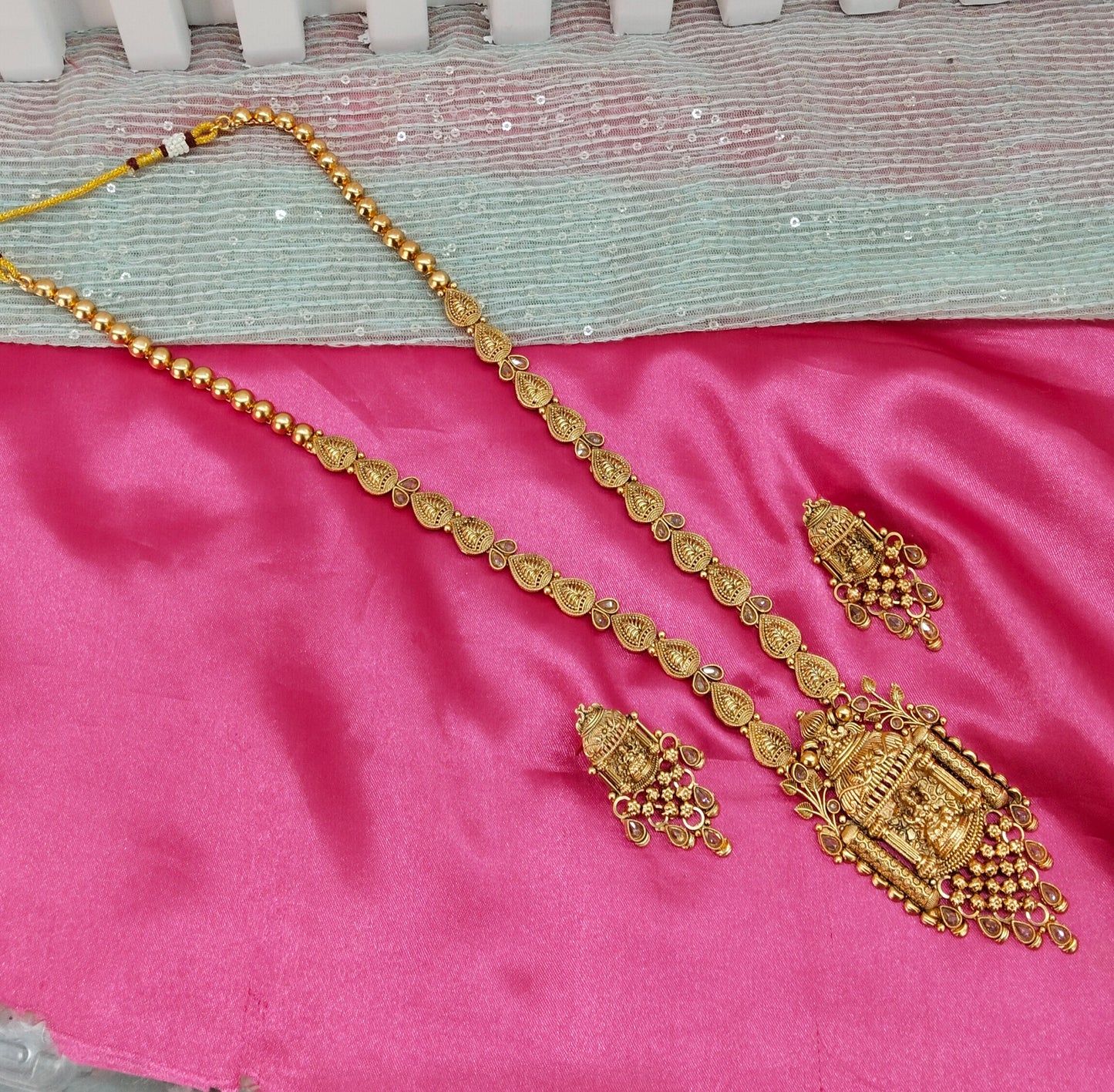 Gold Polki Long Rani Haar Necklace Temple Jewellery Set