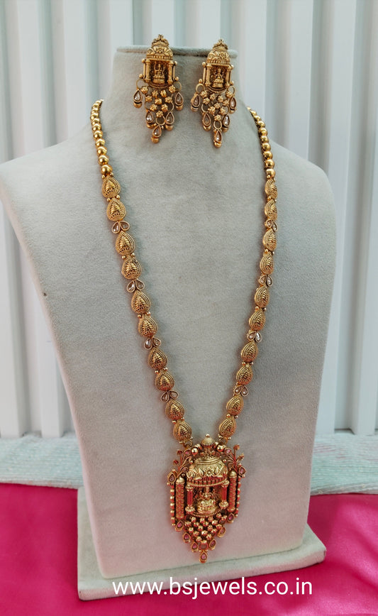 Gold Polki Long Rani Haar Necklace Temple Jewellery Set