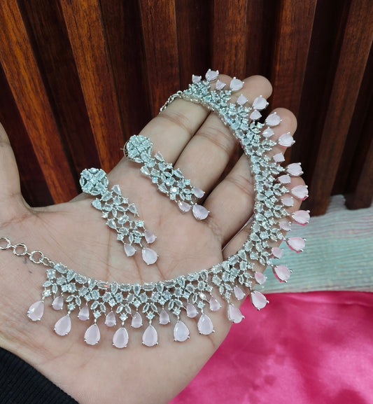 Pink Silver CZ Necklace Jewellery Auj Set