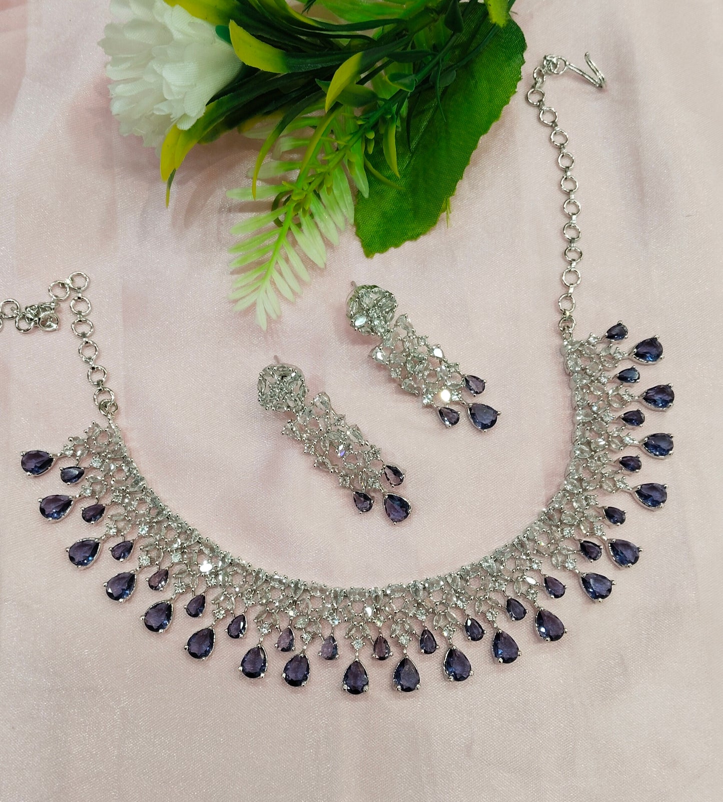 Light Purple Silver CZ Necklace Jewellery Auj Set