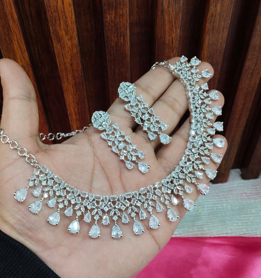 White Silver CZ Necklace Jewellery Auj Set
