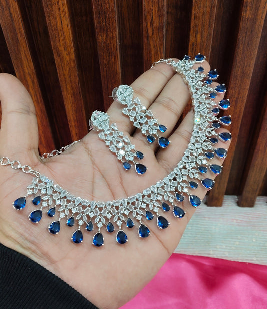Blue Silver CZ Necklace Jewellery Auj Set