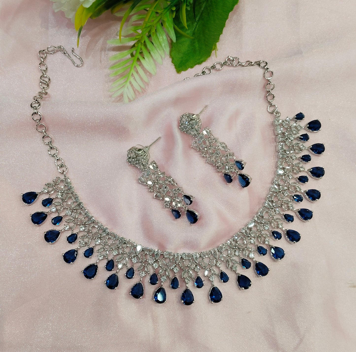 Blue Silver CZ Necklace Jewellery Auj Set