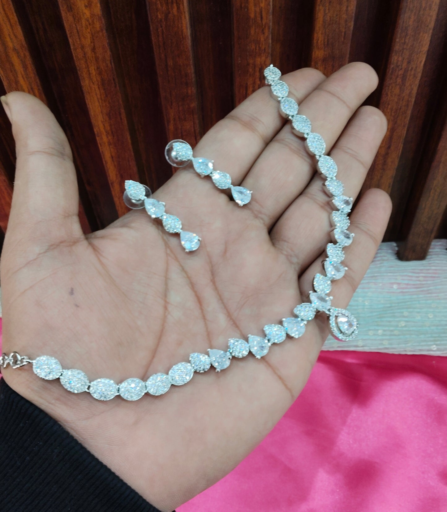 White Silver CZ Necklace Jewellery Karn Set