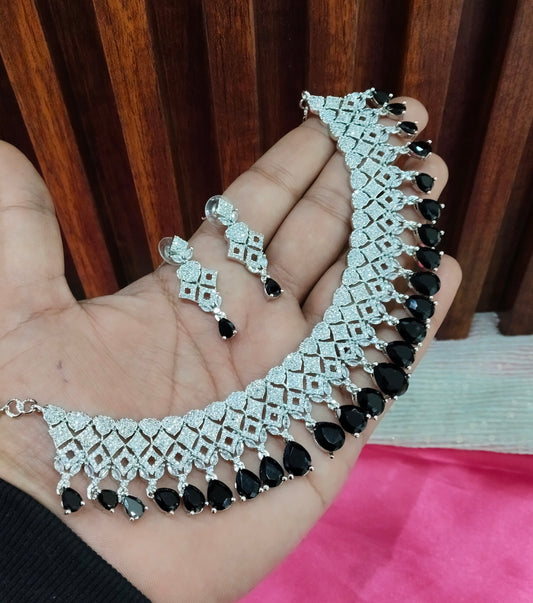 Black Silver CZ Necklace Jewellery Rich Set
