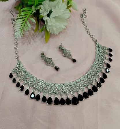Black Silver CZ Necklace Jewellery Rich Set