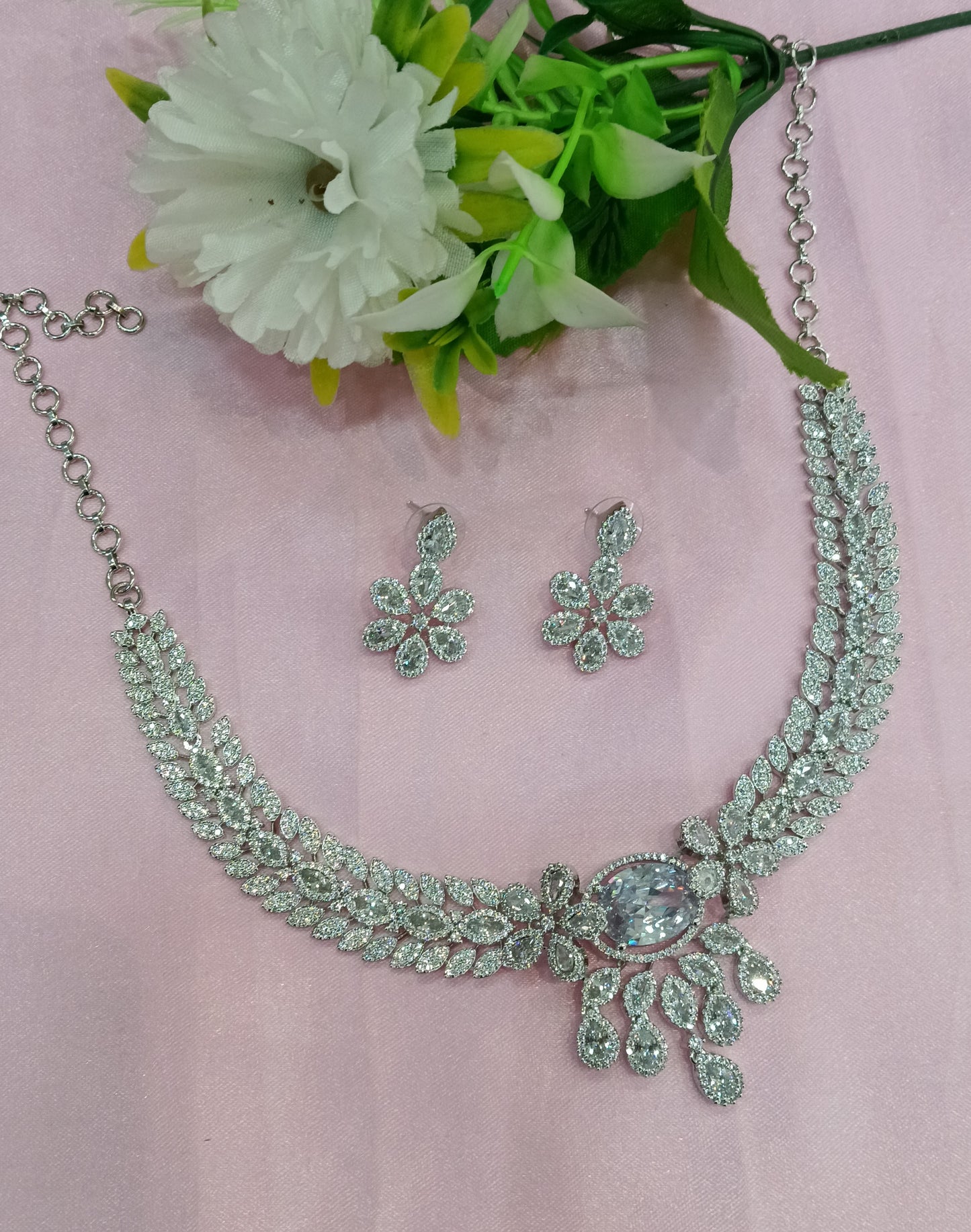 Silver Clear American Diamond Cz Necklace Jewellery Daljit Set