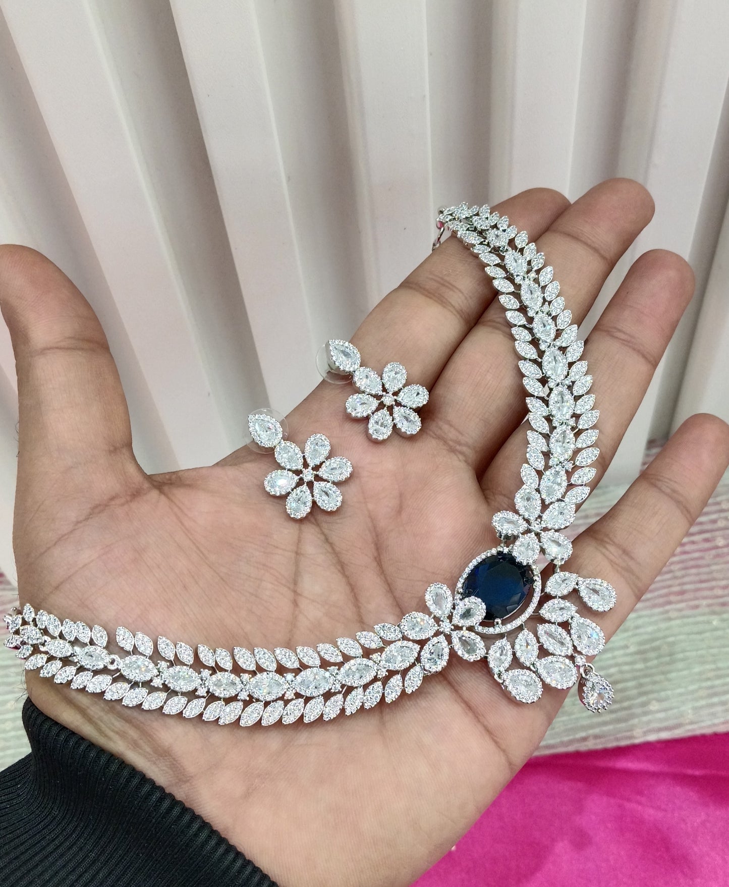 Silver Blue American Diamond Cz Necklace Jewellery Daljit Set
