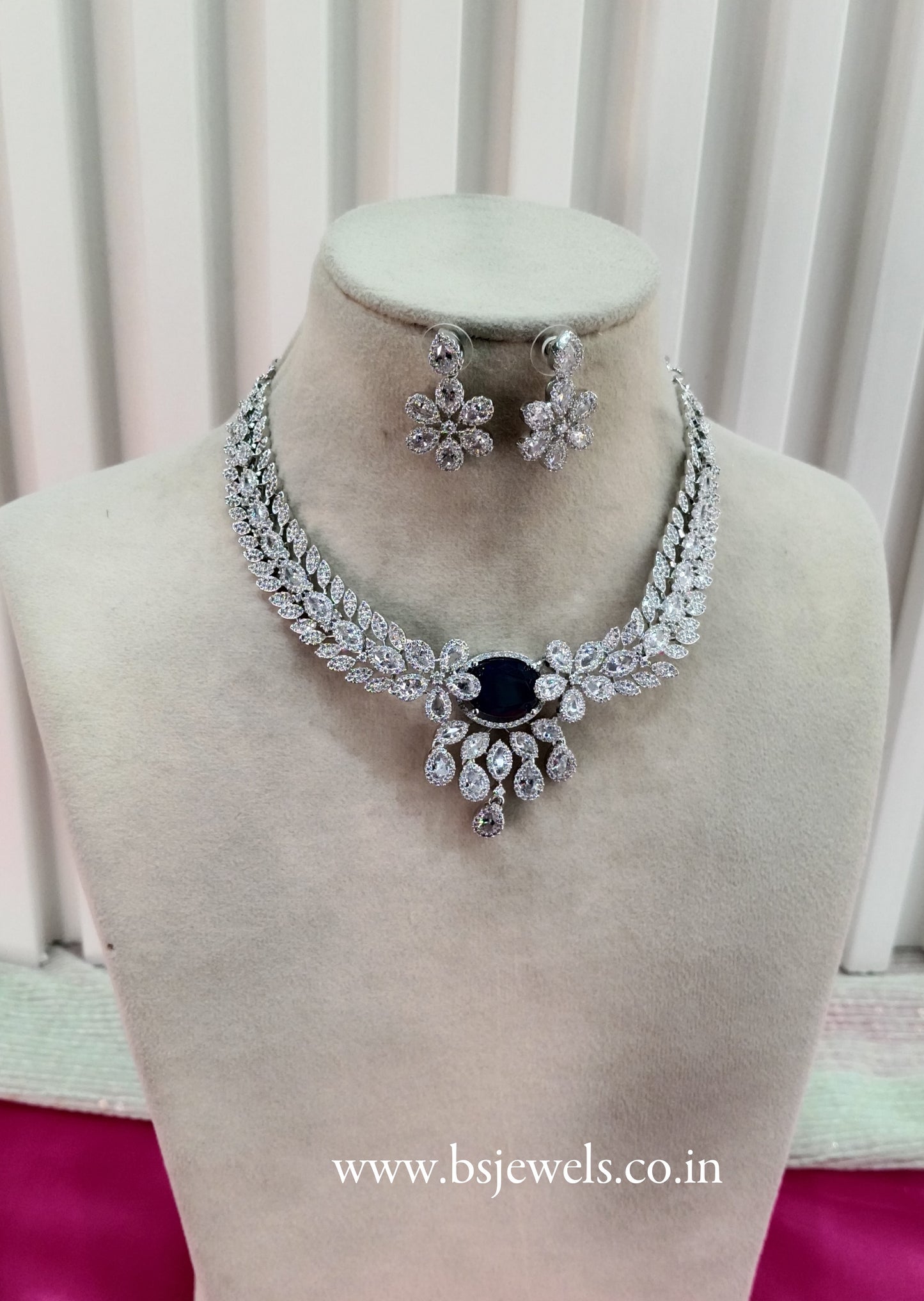 Silver Blue American Diamond Cz Necklace Jewellery Daljit Set