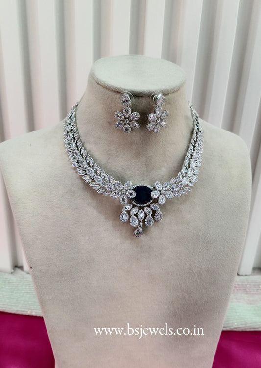 Silver Blue American Diamond Cz Necklace Jewellery Daljit Set