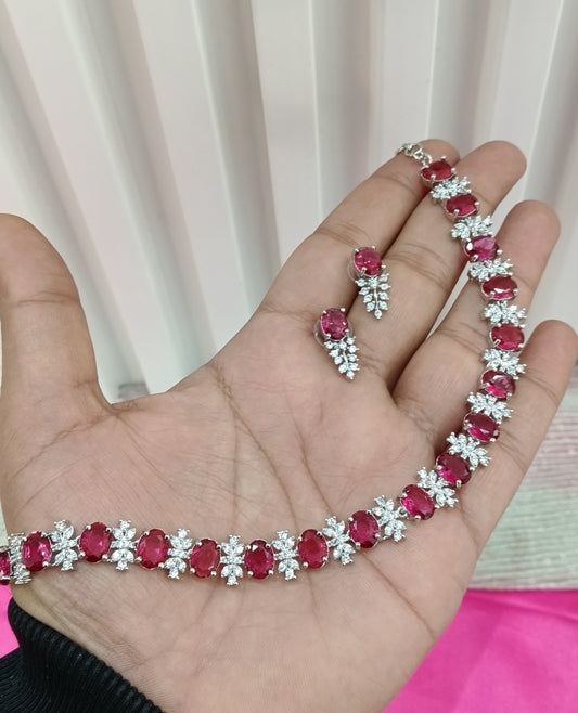 Silver Ruby American Diamond Cz Necklace Jewellery Aujla Set