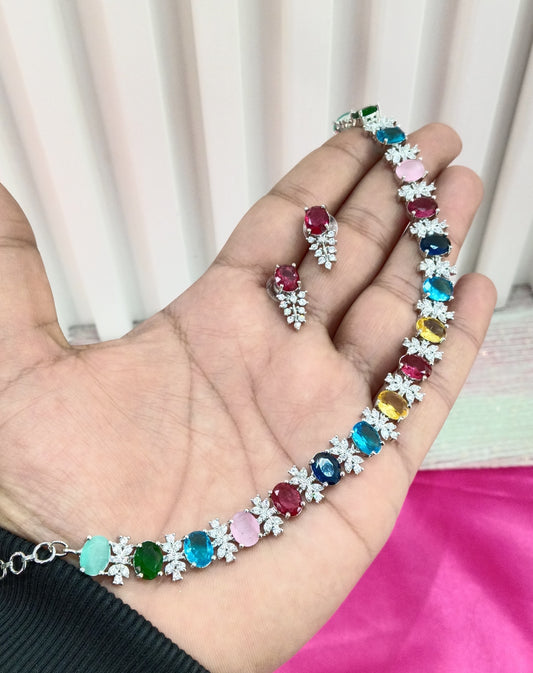 Silver Multi colour American Diamond Cz Necklace Jewellery Aujla Set