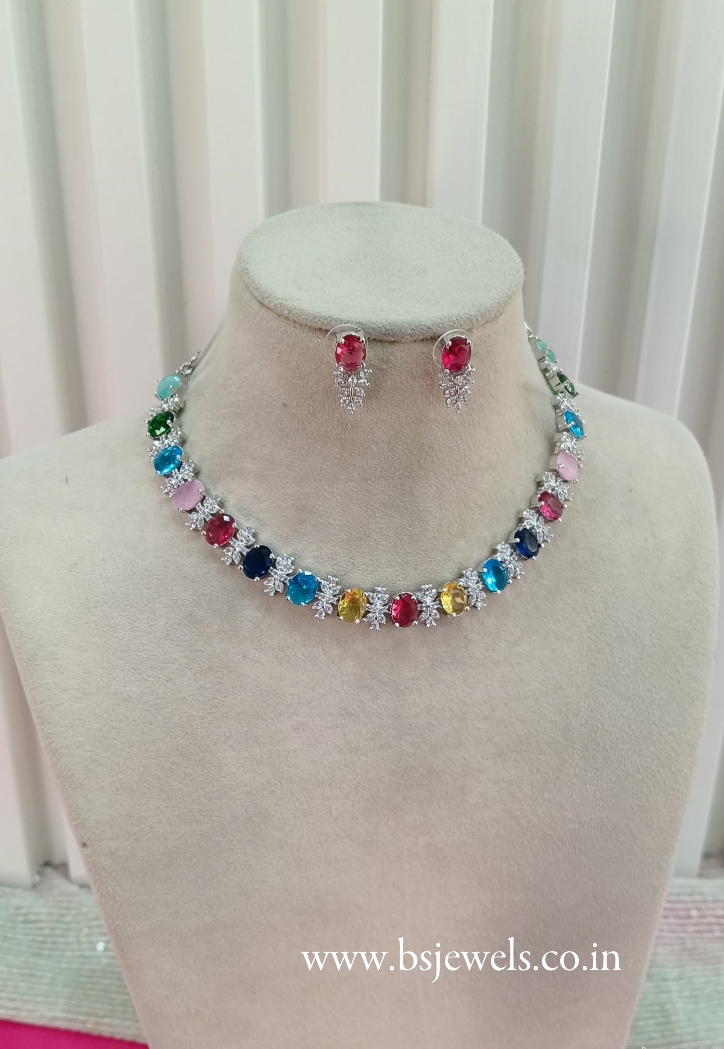 Silver Multi colour American Diamond Cz Necklace Jewellery Aujla Set