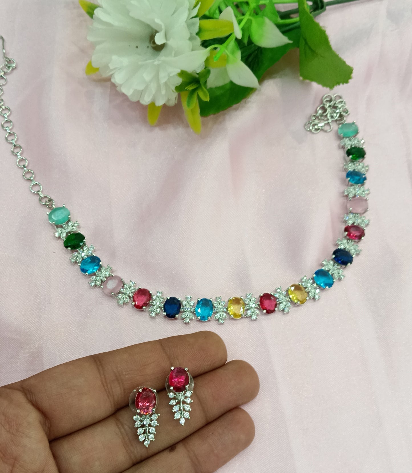 Silver Multi colour American Diamond Cz Necklace Jewellery Aujla Set
