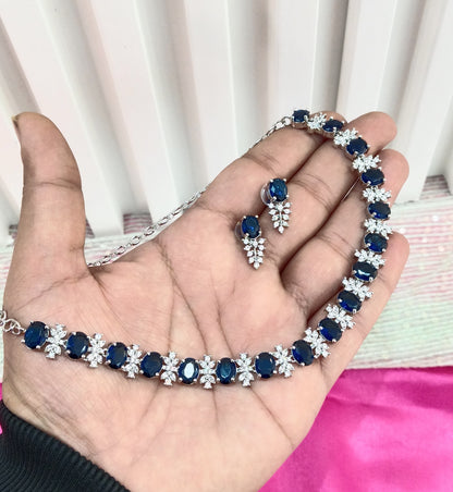 Silver Blue American Diamond Cz Necklace Jewellery Aujla Set
