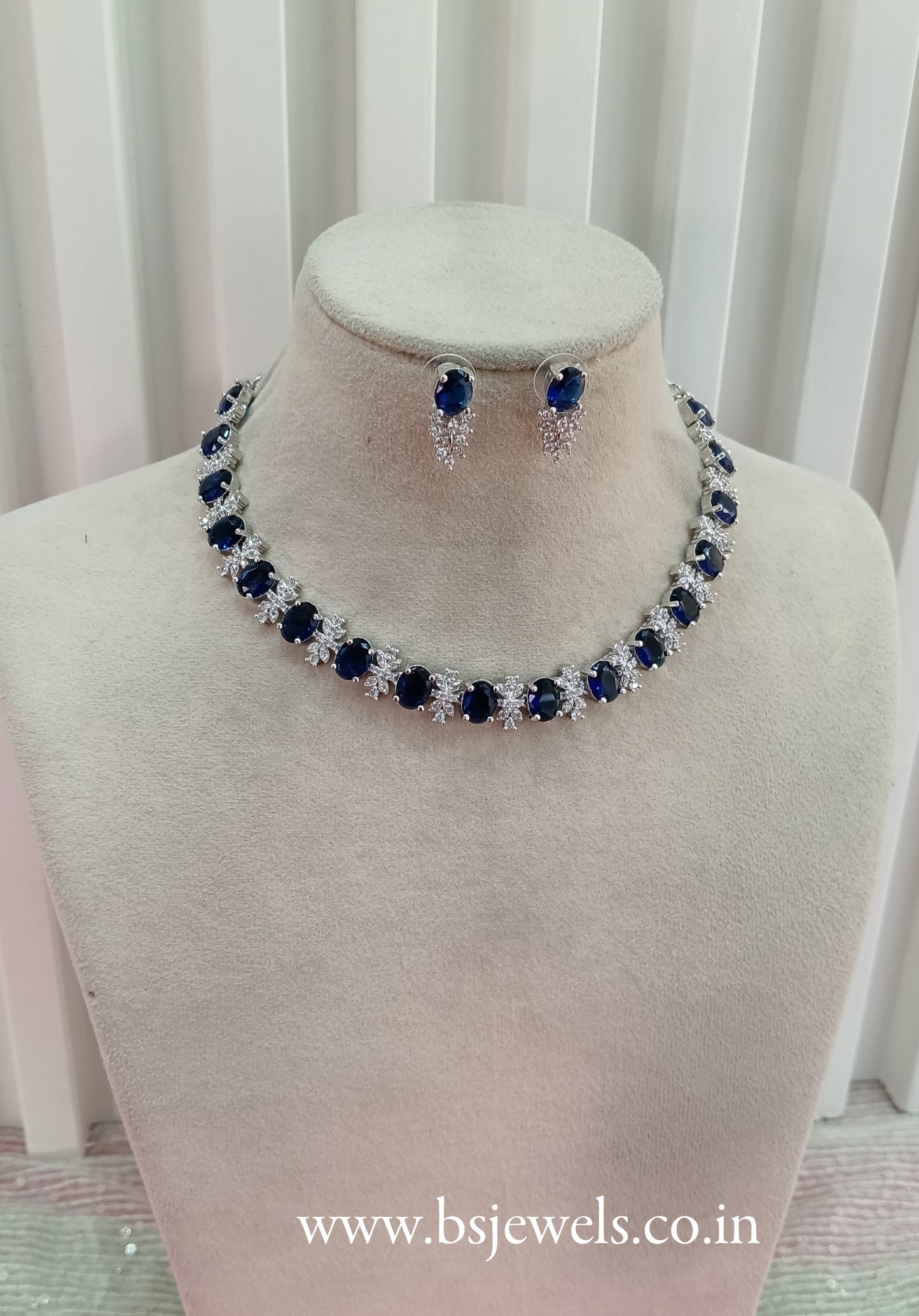 Silver Blue American Diamond Cz Necklace Jewellery Aujla Set