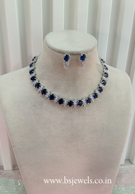 Silver Blue American Diamond Cz Necklace Jewellery Aujla Set