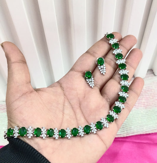 Silver Green American Diamond Cz Necklace Jewellery Aujla Set
