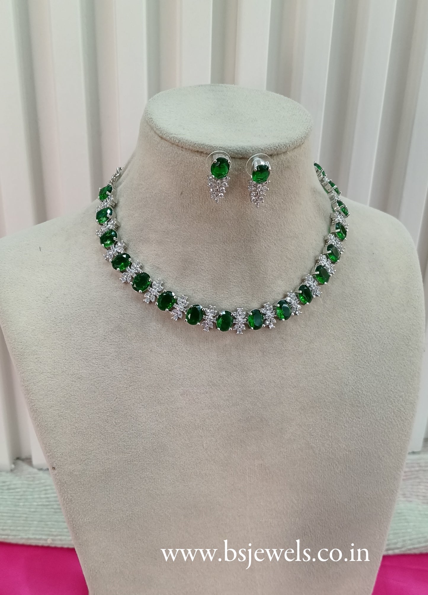 Silver Green American Diamond Cz Necklace Jewellery Aujla Set