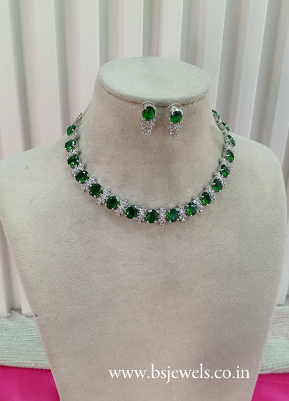 Silver Green American Diamond Cz Necklace Jewellery Aujla Set
