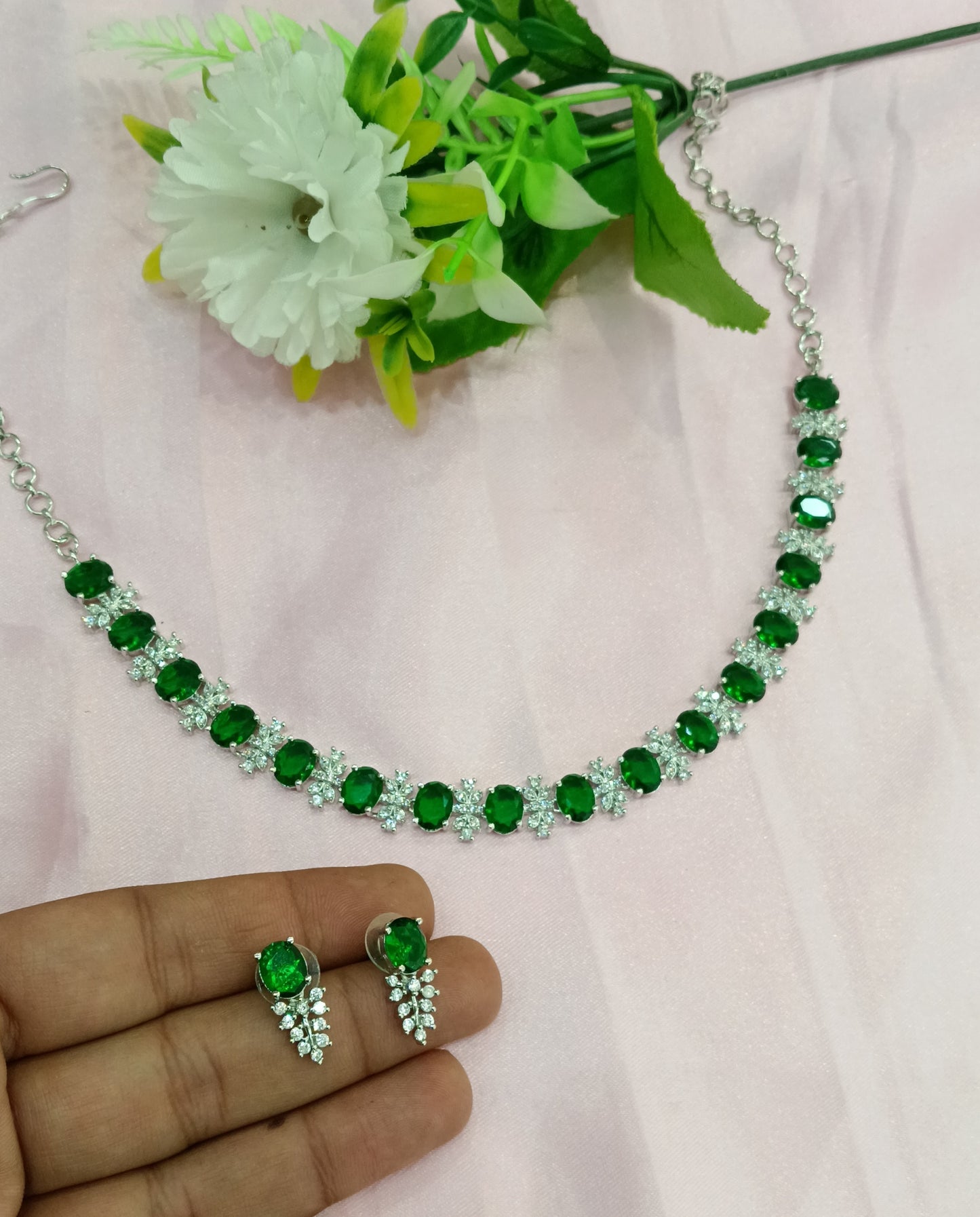 Silver Green American Diamond Cz Necklace Jewellery Aujla Set