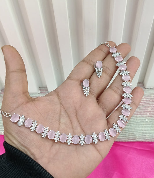 Silver Pink American Diamond Cz Necklace Jewellery Aujla Set