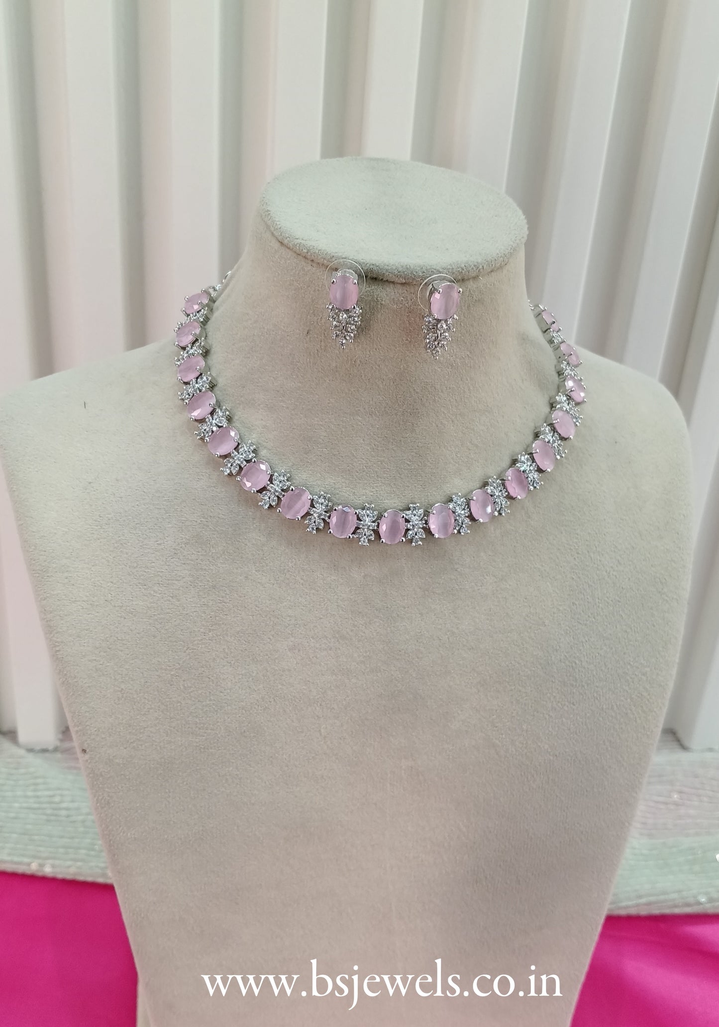 Silver Pink American Diamond Cz Necklace Jewellery Aujla Set
