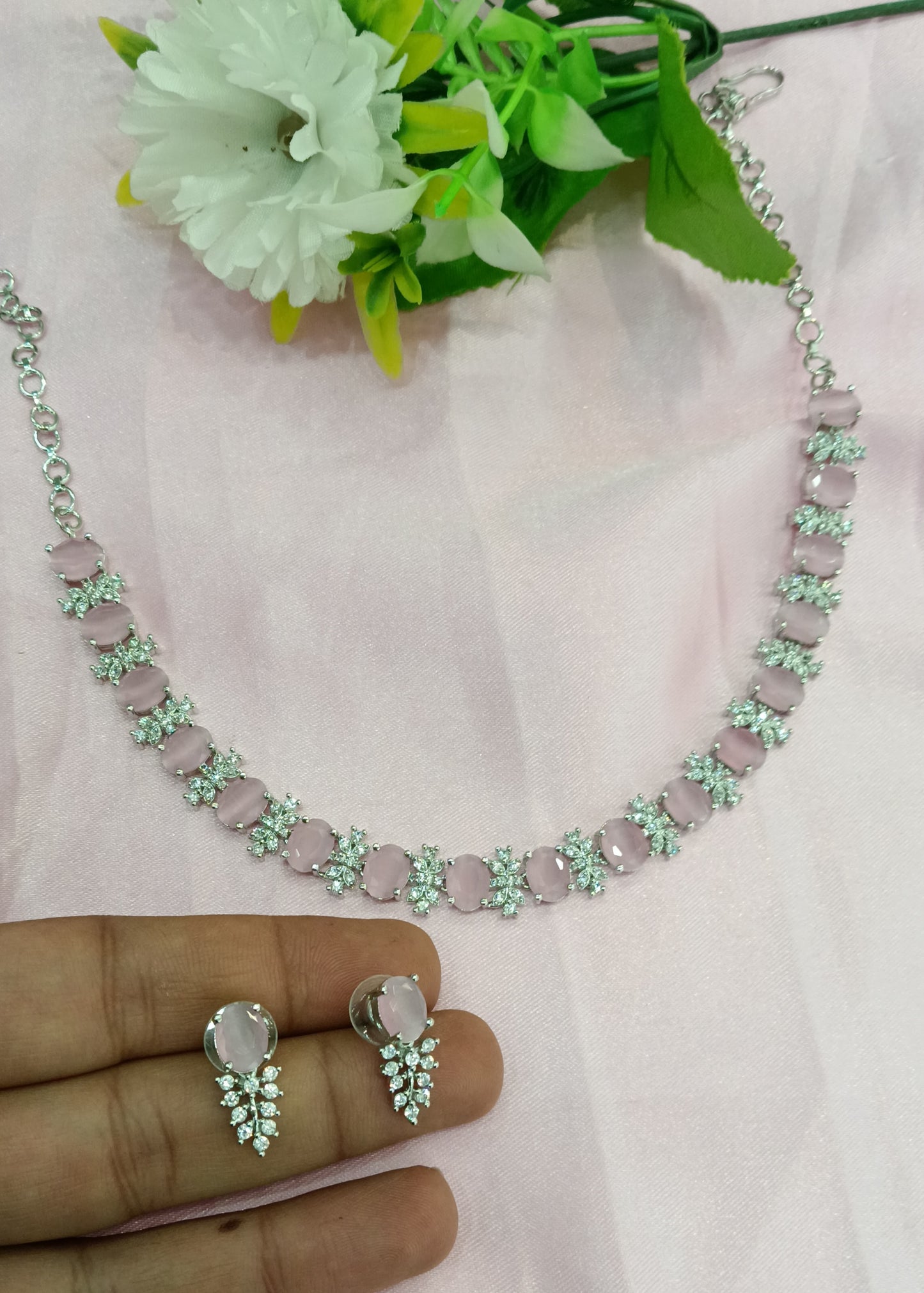 Silver Pink American Diamond Cz Necklace Jewellery Aujla Set