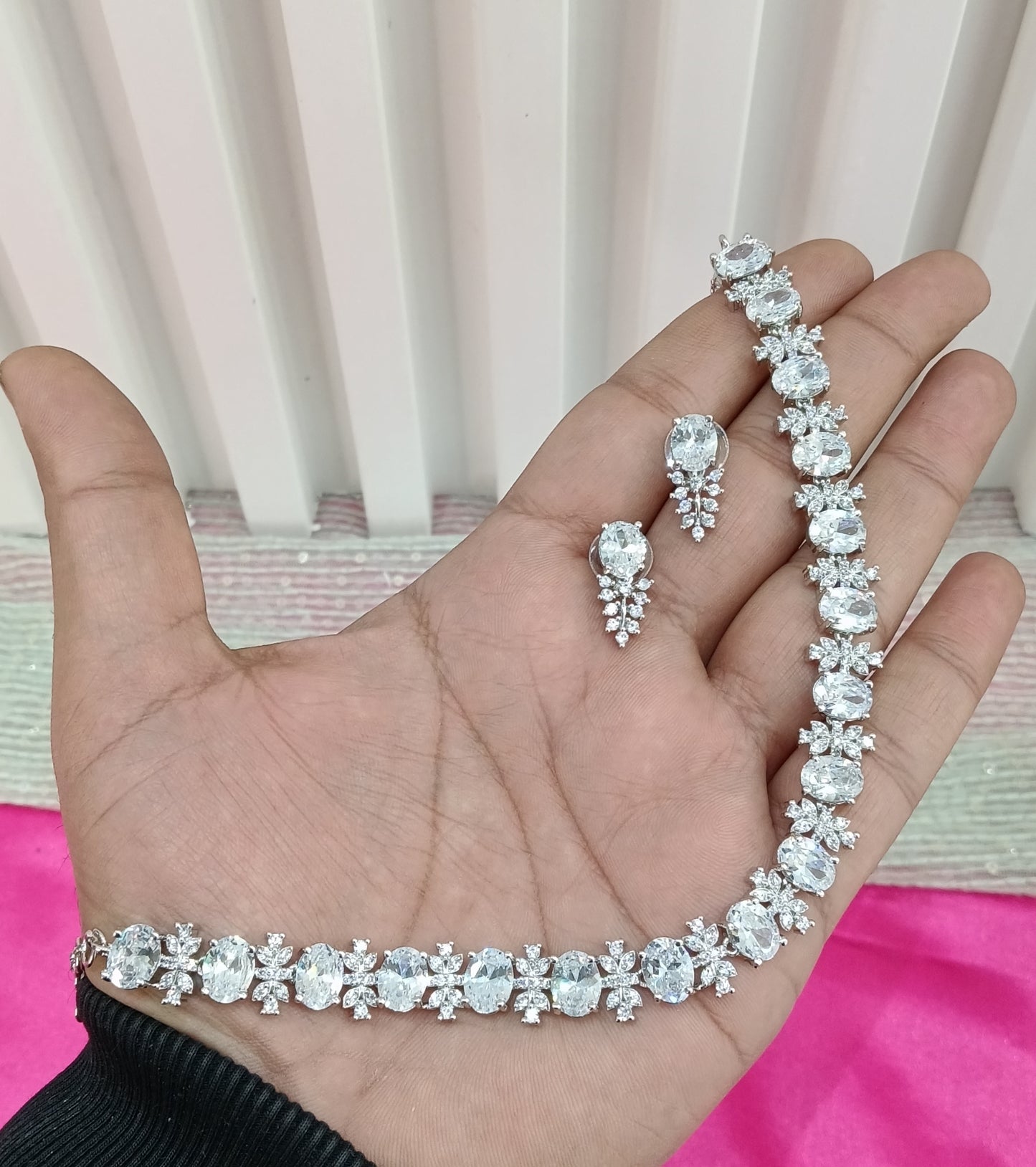 Silver American Diamond Cz Necklace Jewellery Aujla Set