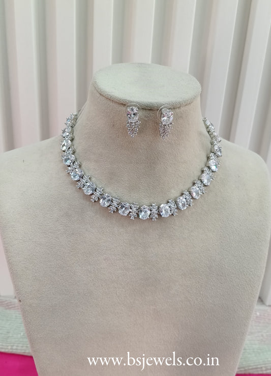 Silver American Diamond Cz Necklace Jewellery Aujla Set
