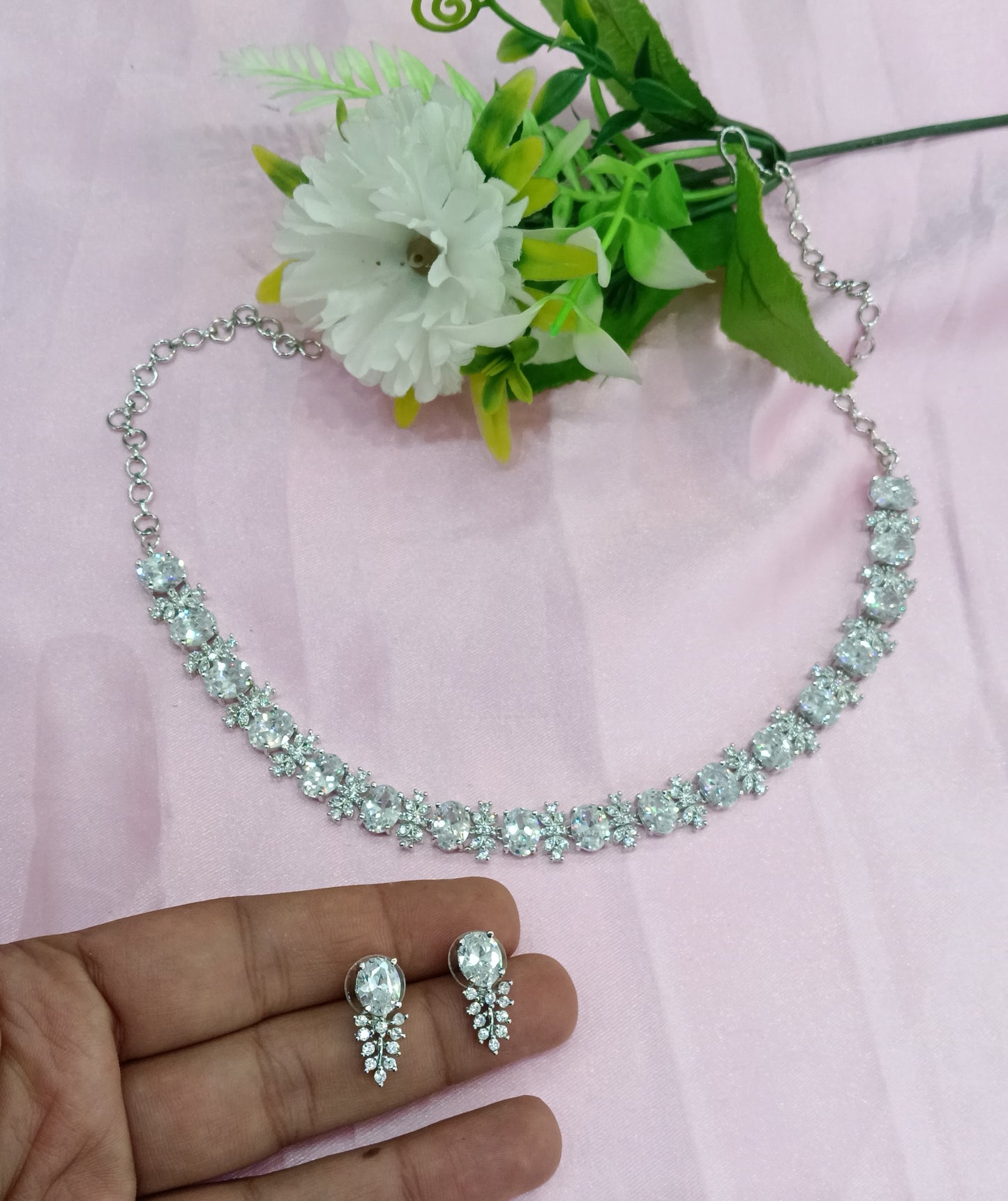 Silver American Diamond Cz Necklace Jewellery Aujla Set