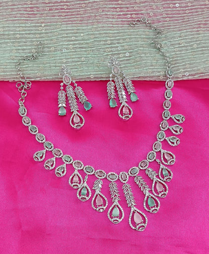 Silver Sea Green Pink American Diamond Cz Necklace Jewellery Micki Set
