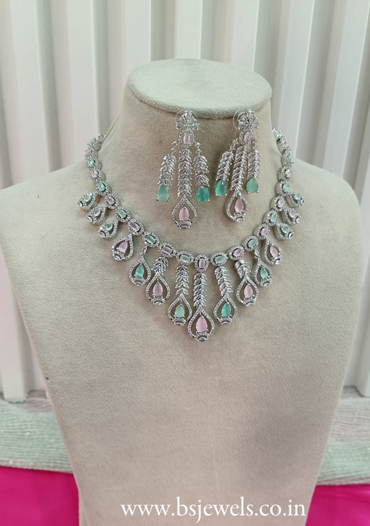 Silver Sea Green Pink American Diamond Cz Necklace Jewellery Micki Set