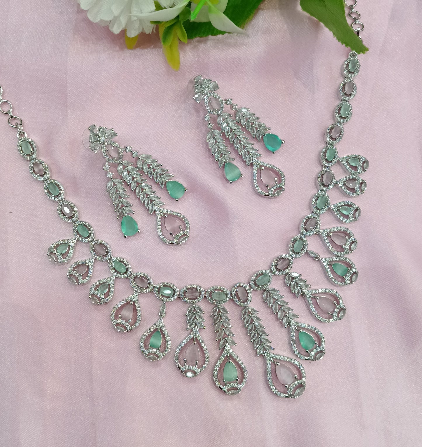 Silver Sea Green Pink American Diamond Cz Necklace Jewellery Micki Set