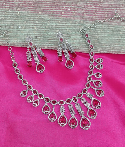 Silver Ruby American Diamond Cz Necklace Jewellery Micki Set