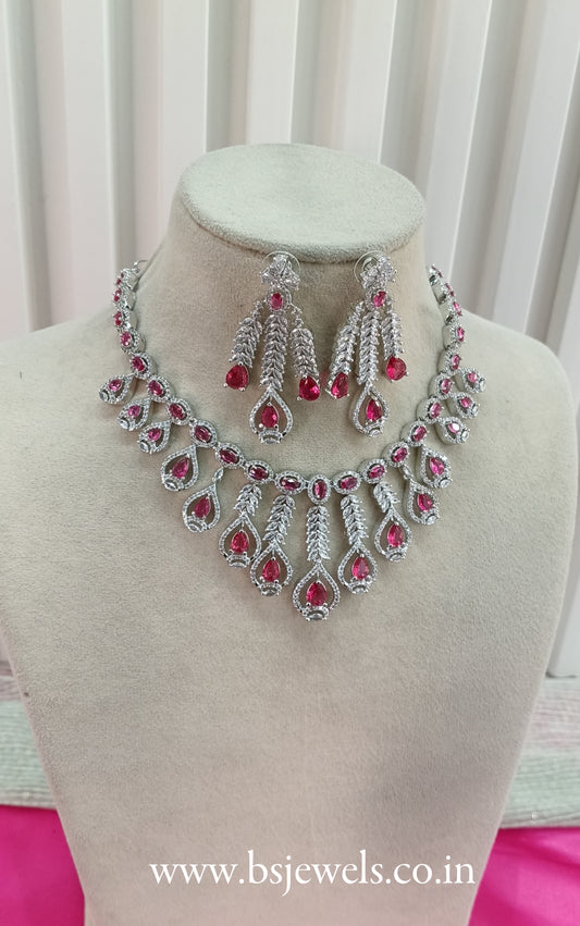 Silver Ruby American Diamond Cz Necklace Jewellery Micki Set