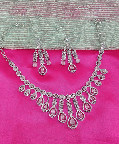 Silver Pink American Diamond Cz Necklace Jewellery Micki Set