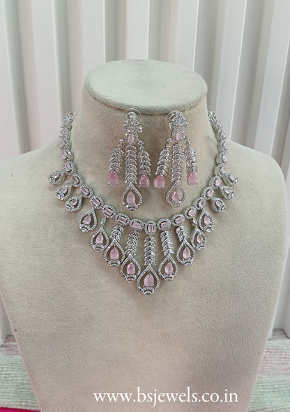 Silver Pink American Diamond Cz Necklace Jewellery Micki Set