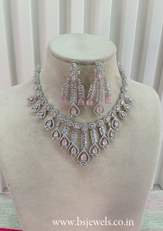 Silver Pink American Diamond Cz Necklace Jewellery Micki Set