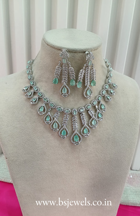 Silver Sea Green American Diamond Cz Necklace Jewellery Micki Set