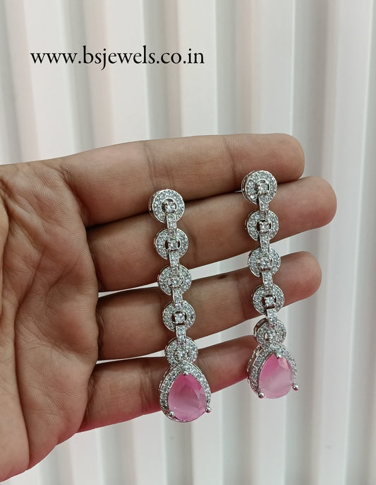 Silver Pink Cz American Diamond Earrings Prince Jewellery Online