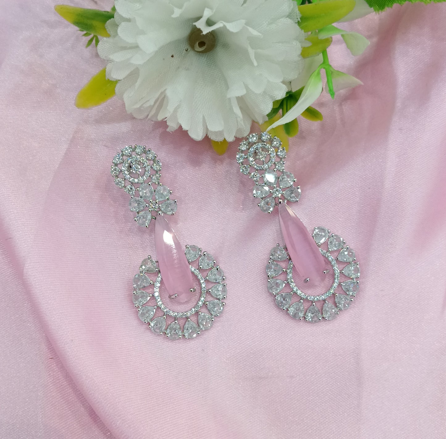 Silver Pink Cz American Diamond Earrings Prince Jewellery Online