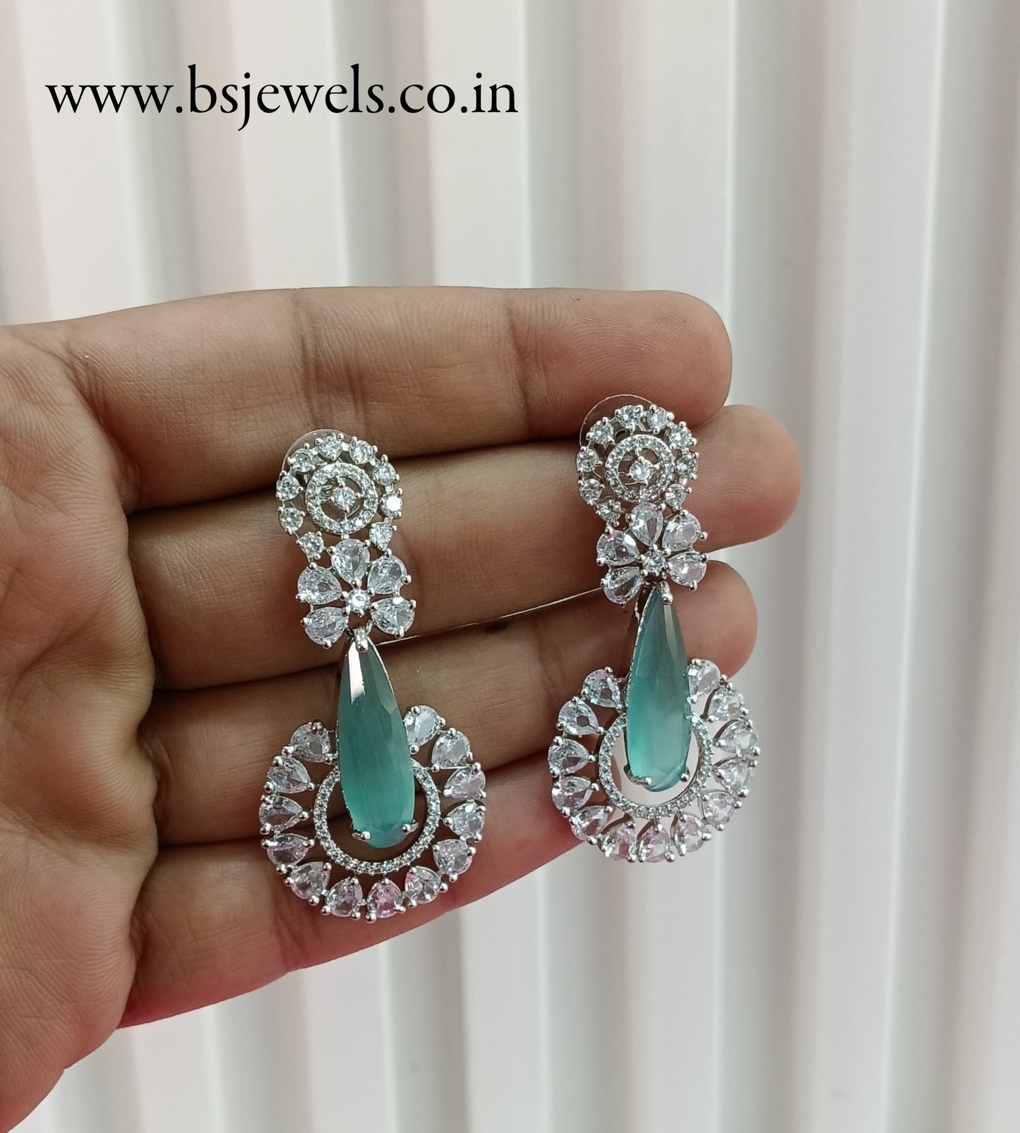 Silver Sea Green Cz American Diamond Earrings Prince Jewellery Online