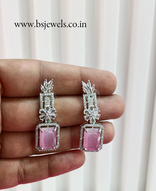 Silver Pink Cz American Diamond Earrings Prince Jewellery Online