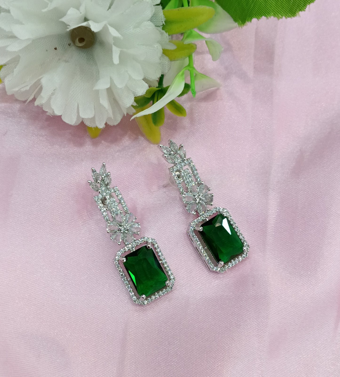 Silver Green Cz American Diamond Earrings Prince Jewellery Online