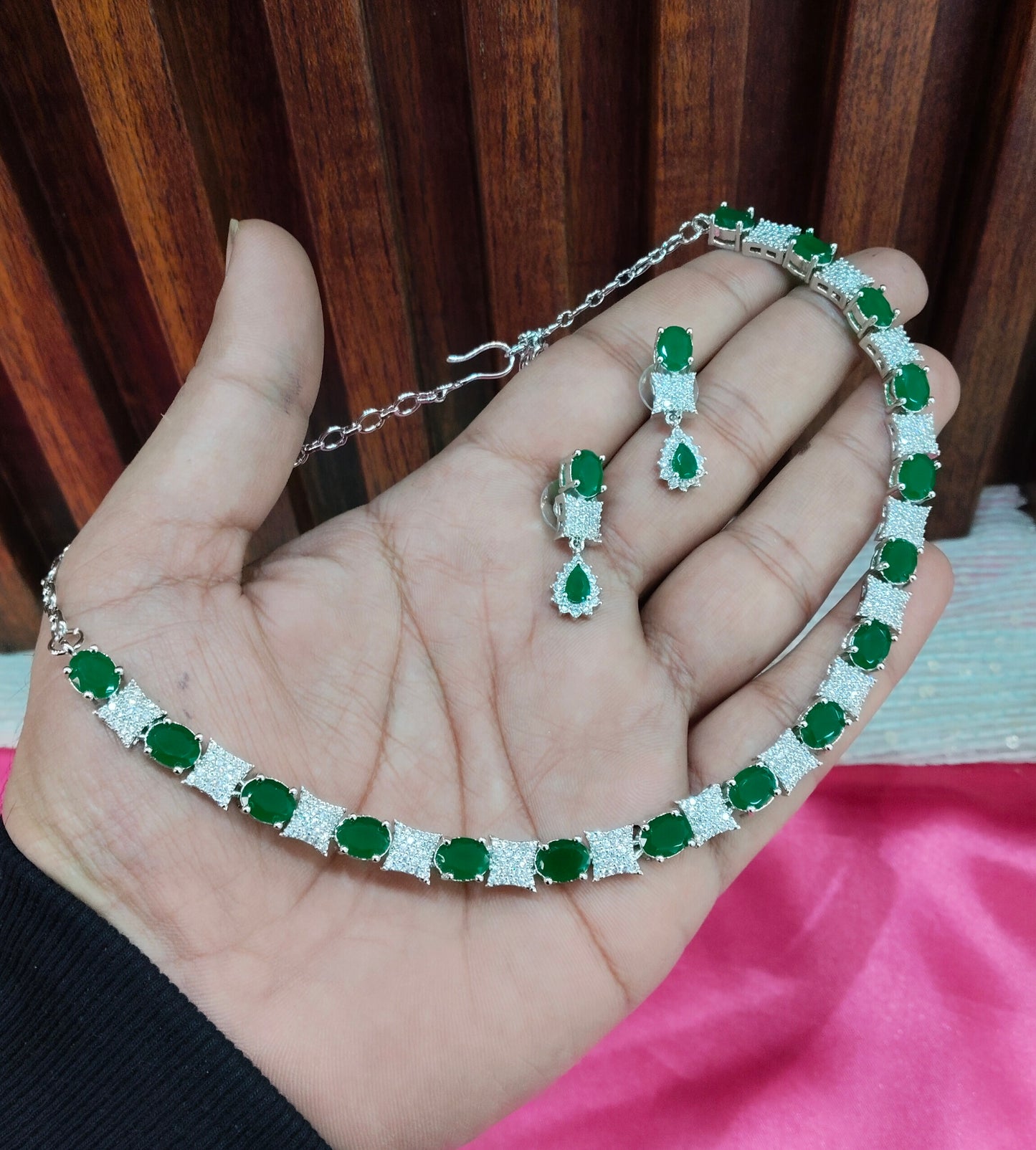 Green Silver CZ Necklace Jewellery Moscow Set