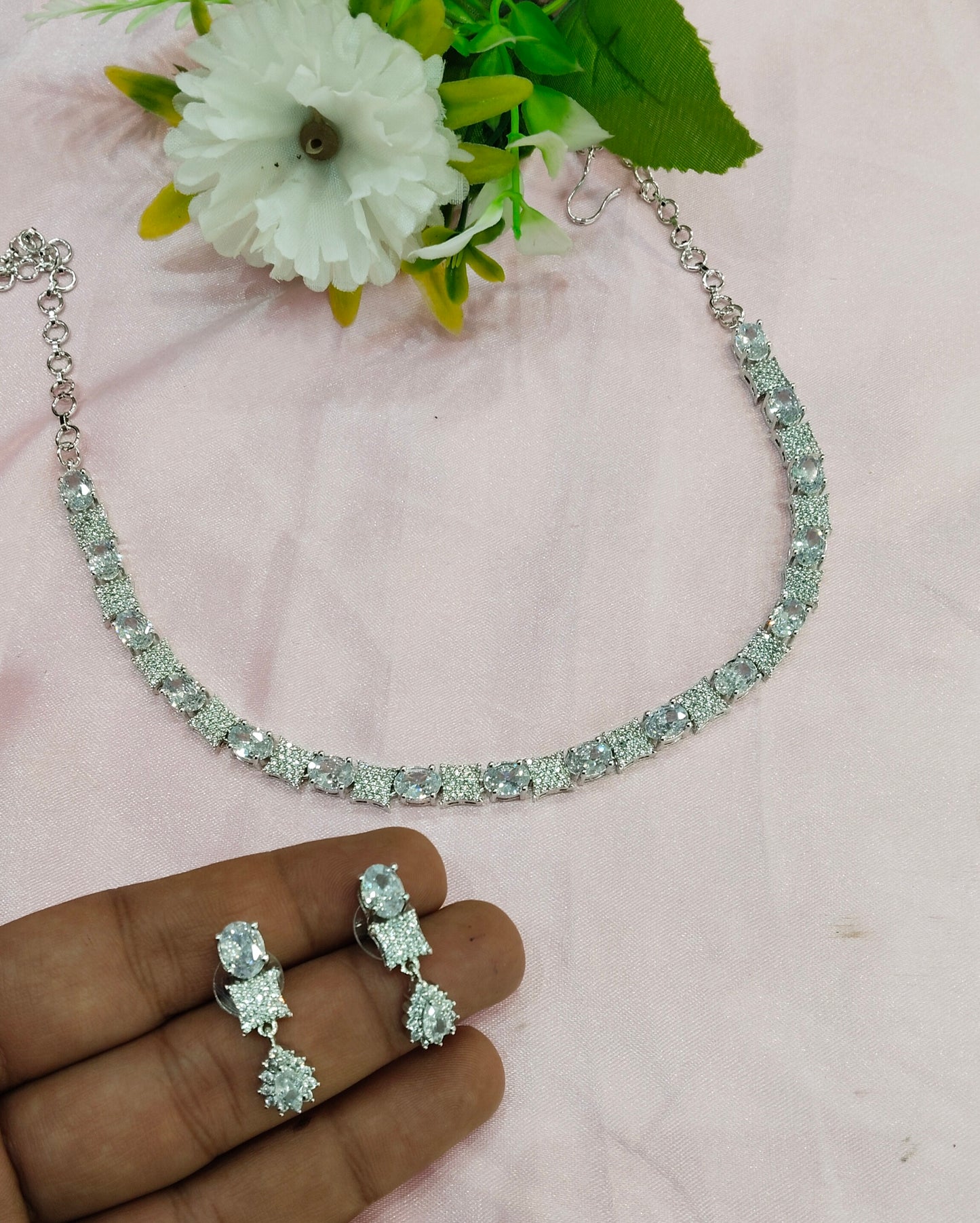 White Silver CZ Necklace Jewellery Moscow Set