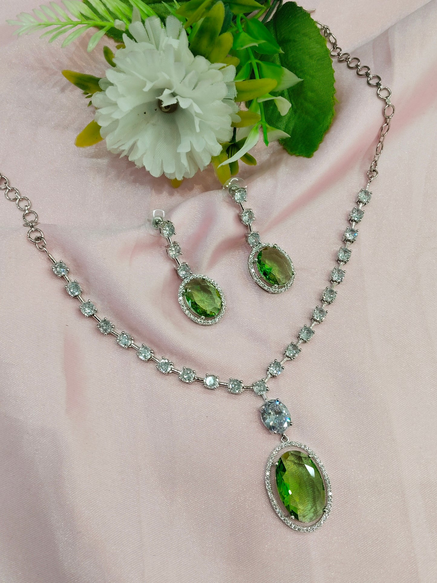 Light Green Silver CZ Necklace Jewellery Fairfield Set
