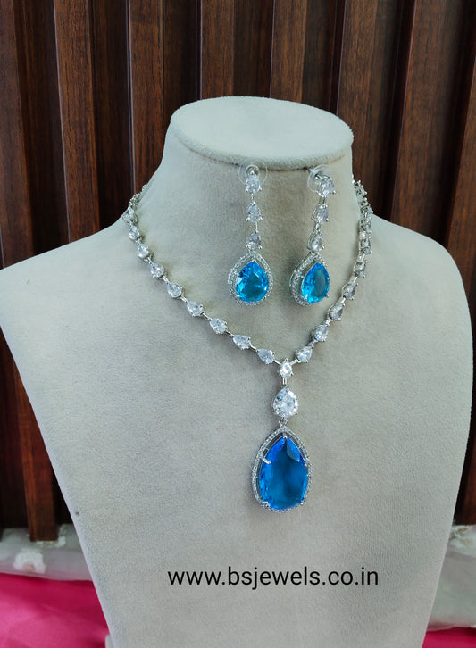 Sky Blue Silver CZ Necklace Jewellery Fairfield Set